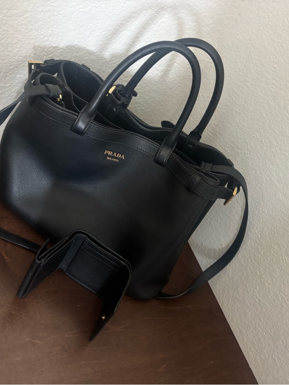 Prada Black Leather Double-Handle Tote with Shoulder Strap